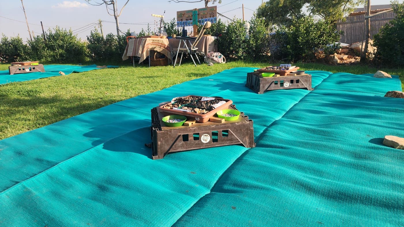עמדת יצירה עם מחצלות ושולחנות נמוכים על הדשא